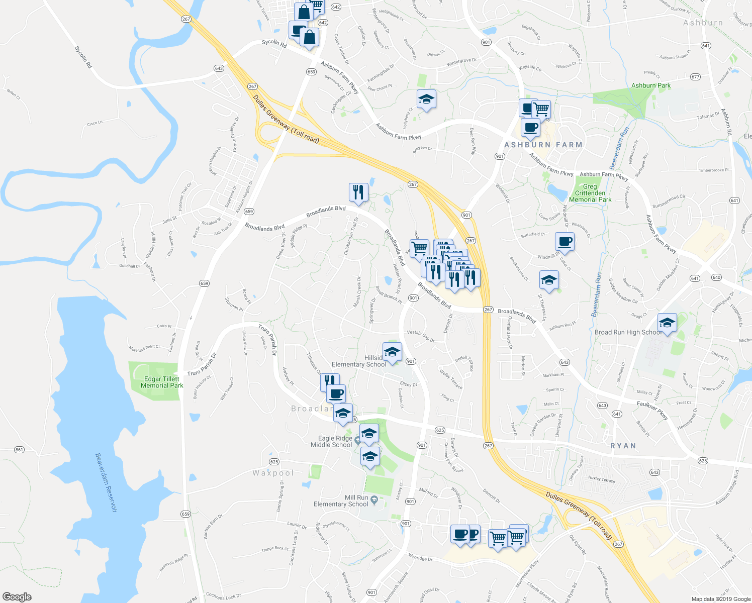 map of restaurants, bars, coffee shops, grocery stores, and more near 21372 Springwell Dr in Loudoun