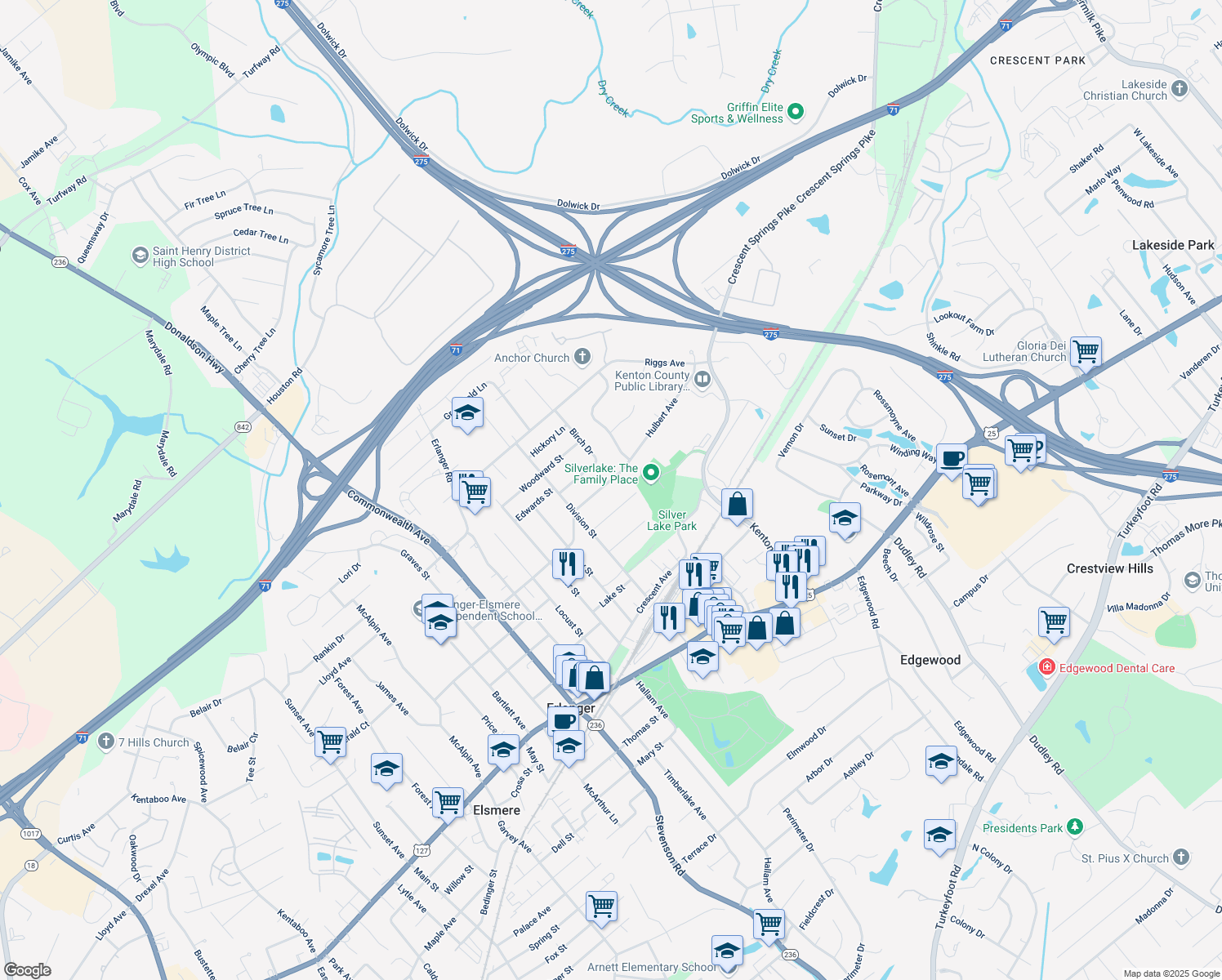 map of restaurants, bars, coffee shops, grocery stores, and more near 3151 Hulbert Avenue in Erlanger