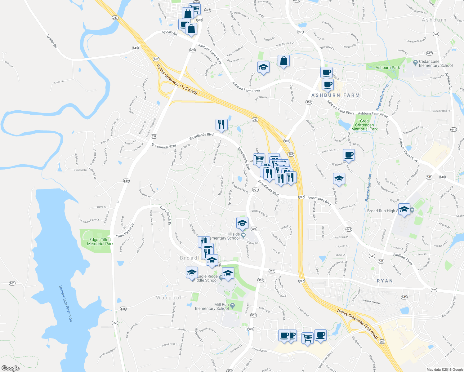 map of restaurants, bars, coffee shops, grocery stores, and more near 21361 Springwell Drive in Broadlands