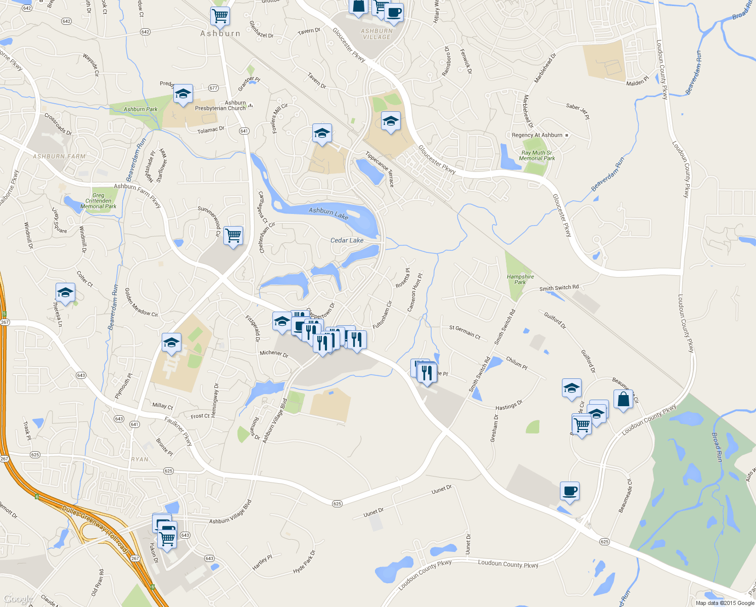 map of restaurants, bars, coffee shops, grocery stores, and more near 44141 Merrywood Court in Ashburn