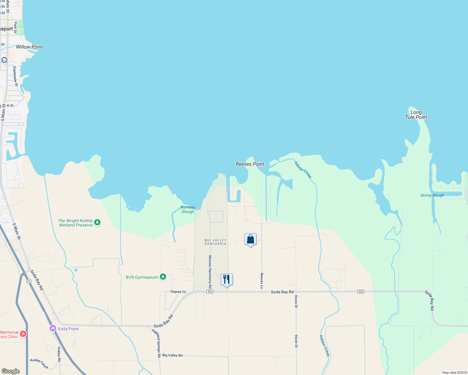 map of restaurants, bars, coffee shops, grocery stores, and more near 2607 Lagoon Drive in Lakeport