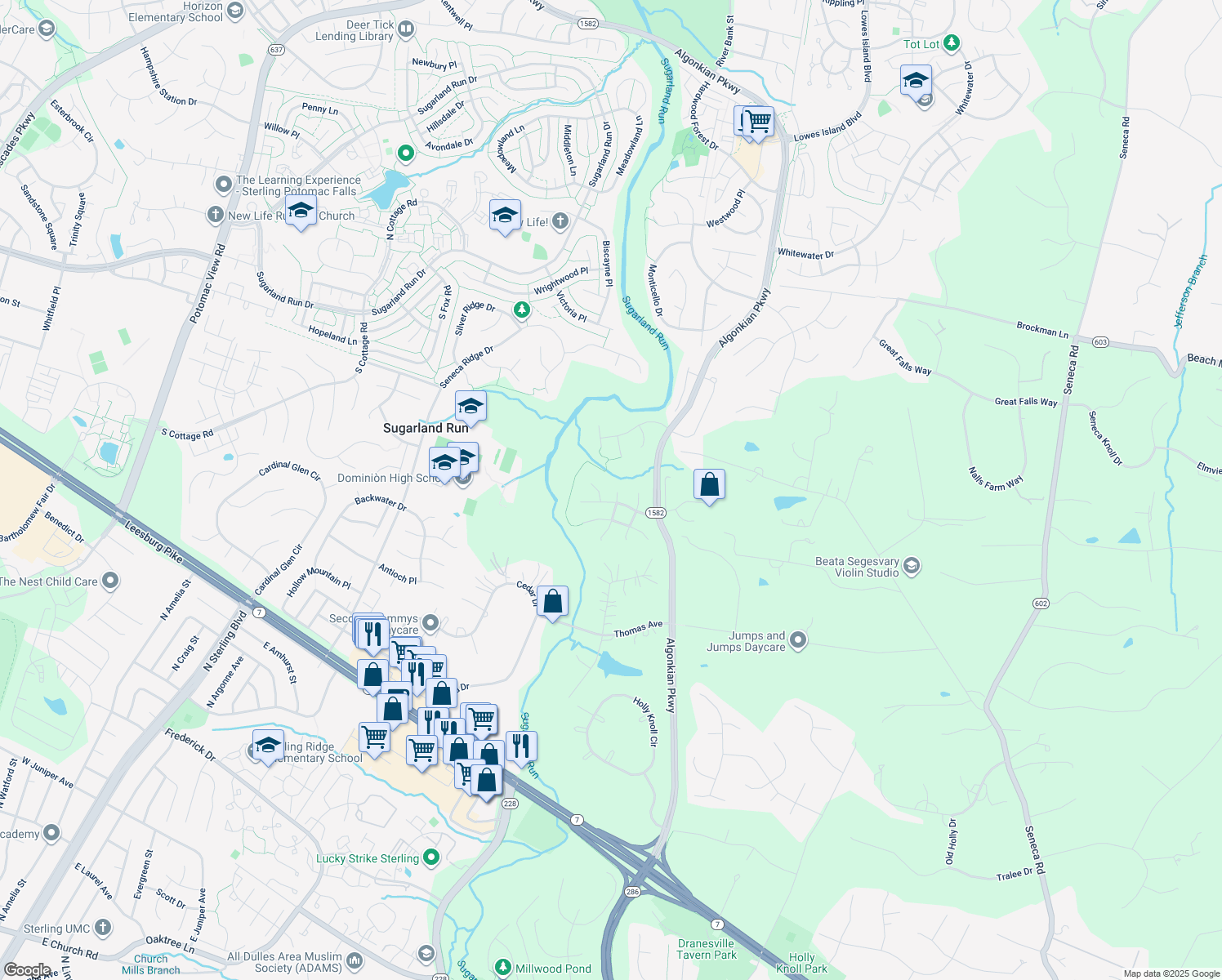 map of restaurants, bars, coffee shops, grocery stores, and more near 21305 Highwood Ct in Sterling