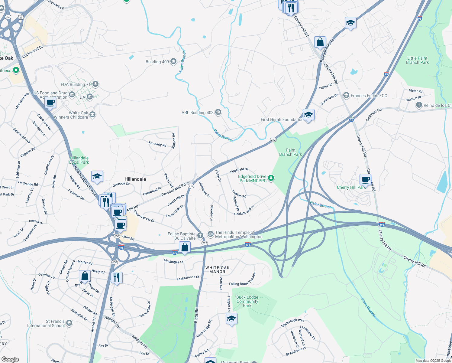 map of restaurants, bars, coffee shops, grocery stores, and more near 10520 Truxton Road in Adelphi