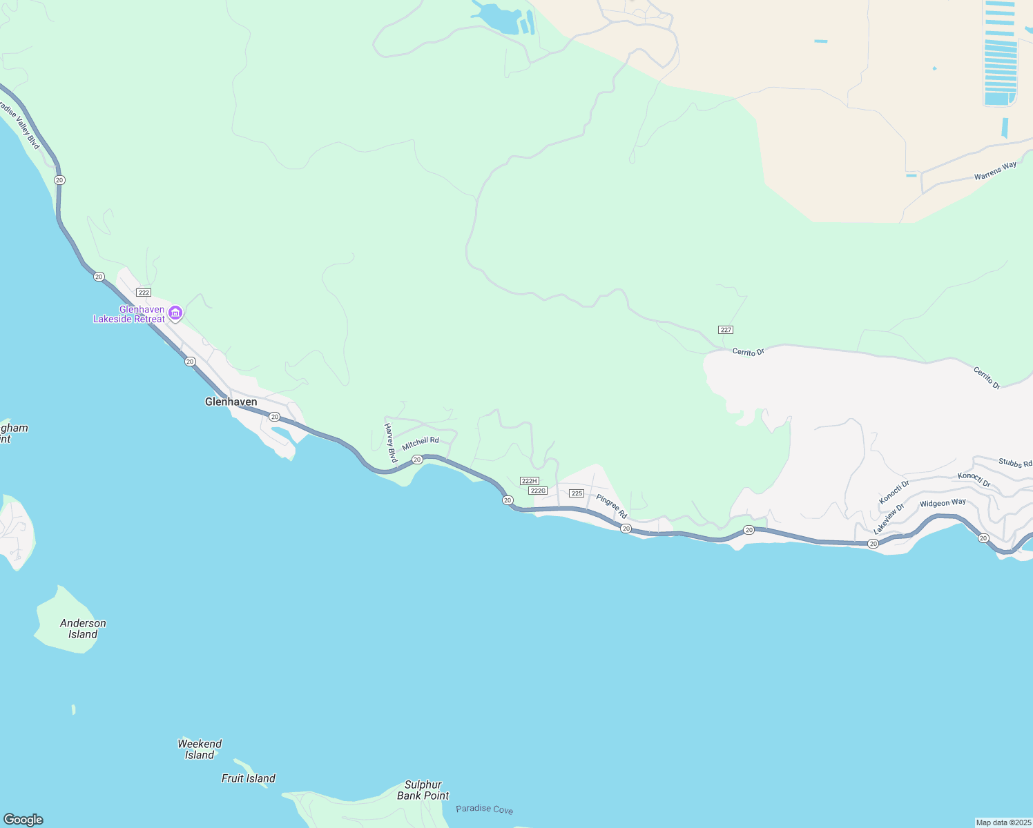 map of restaurants, bars, coffee shops, grocery stores, and more near 280 Henderson Drive in Clearlake Oaks