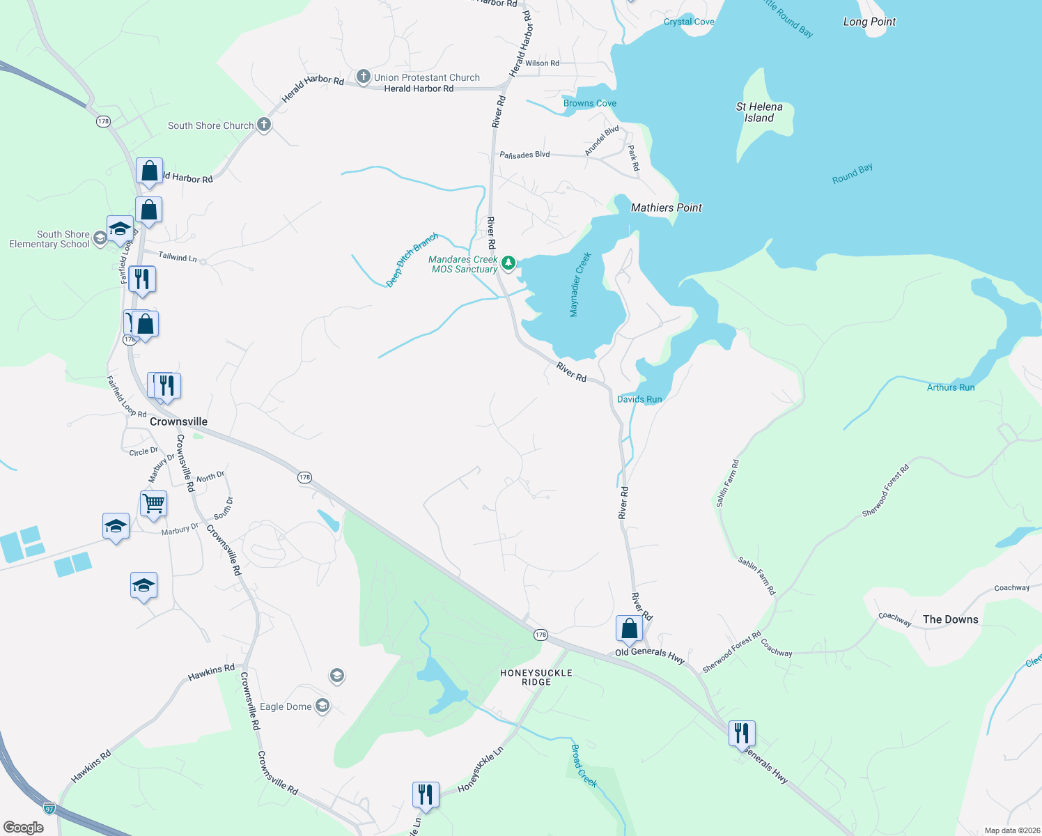 map of restaurants, bars, coffee shops, grocery stores, and more near 1603 Upton Scott Way in Crownsville
