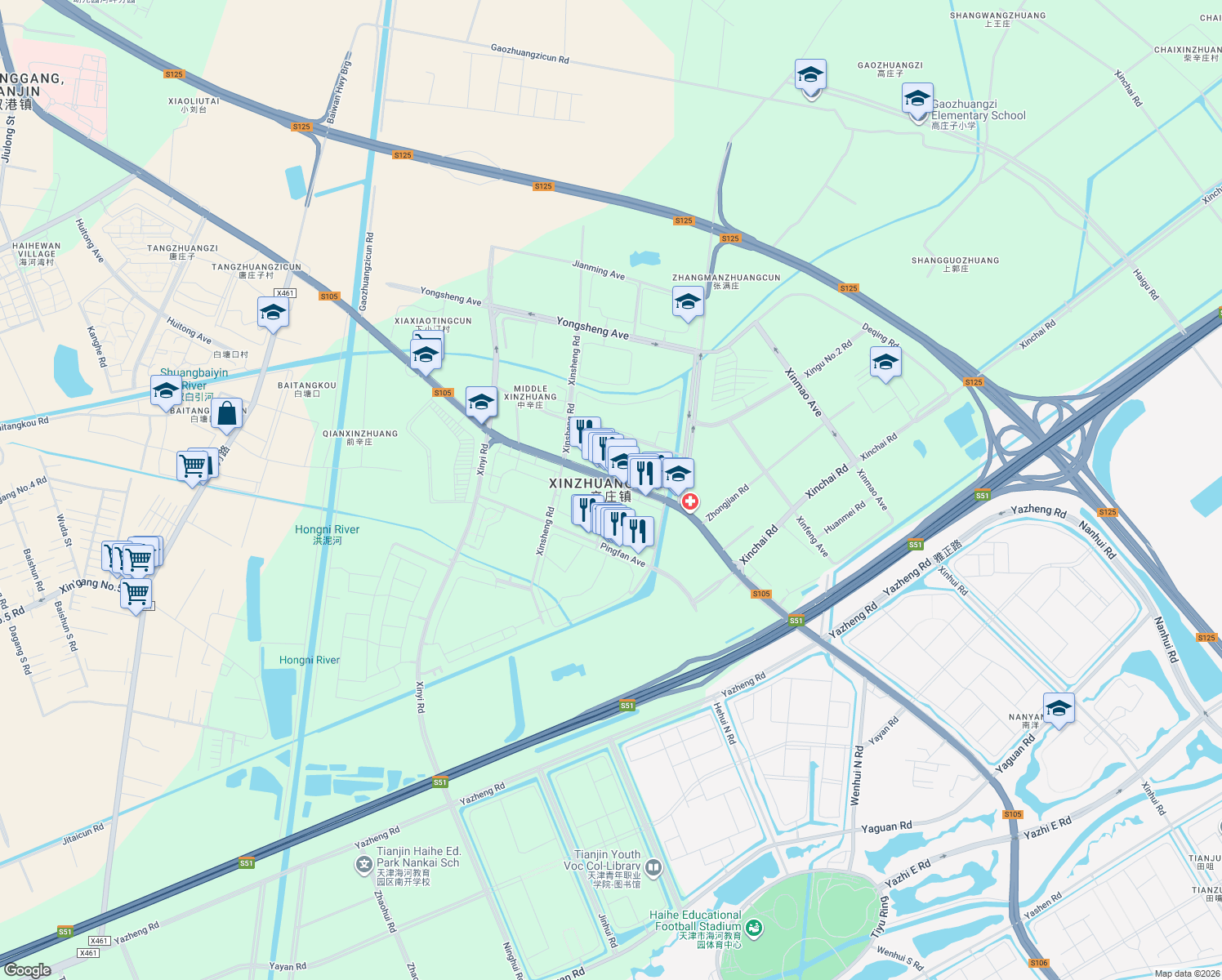 map of restaurants, bars, coffee shops, grocery stores, and more near Jingu Highway in Tianjin