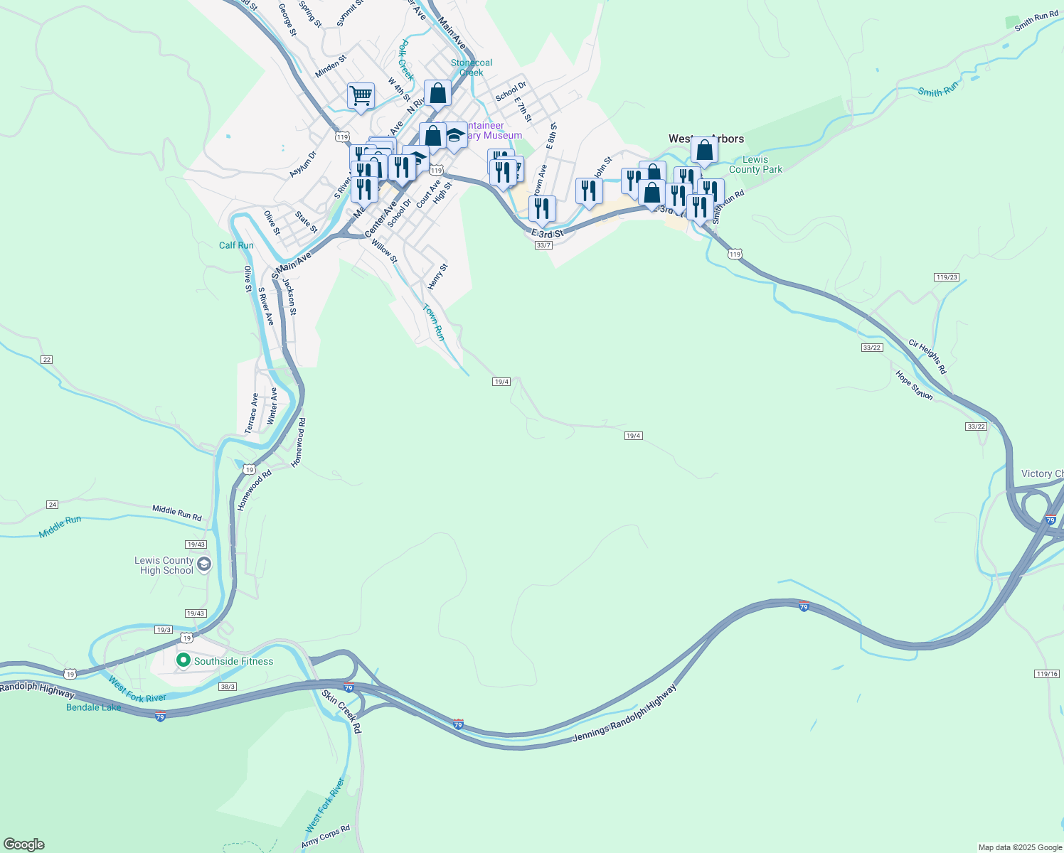 map of restaurants, bars, coffee shops, grocery stores, and more near 169 Town Run Road in Weston