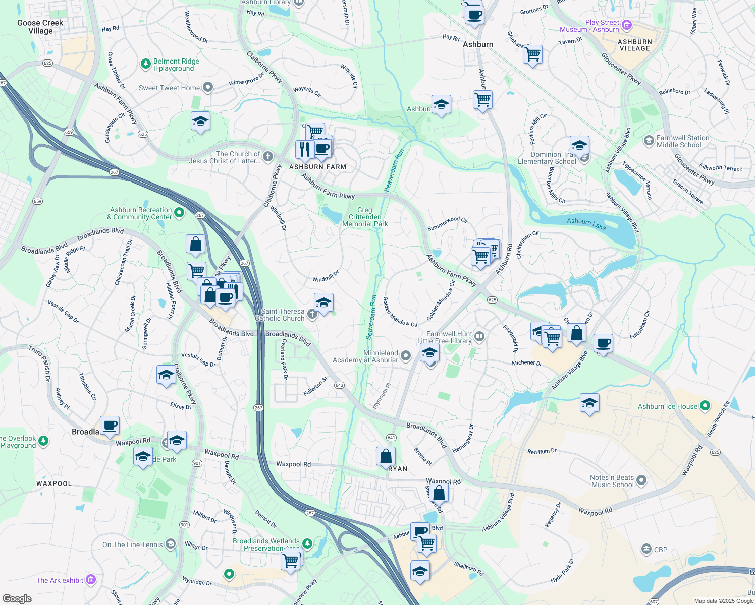 map of restaurants, bars, coffee shops, grocery stores, and more near 43514 Golden Meadow Circle in Ashburn