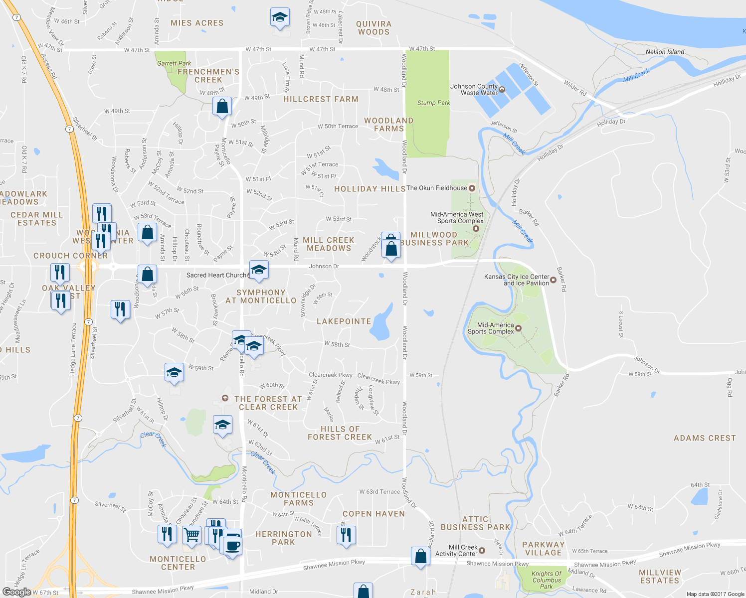 map of restaurants, bars, coffee shops, grocery stores, and more near 5537 Theden Street in Shawnee