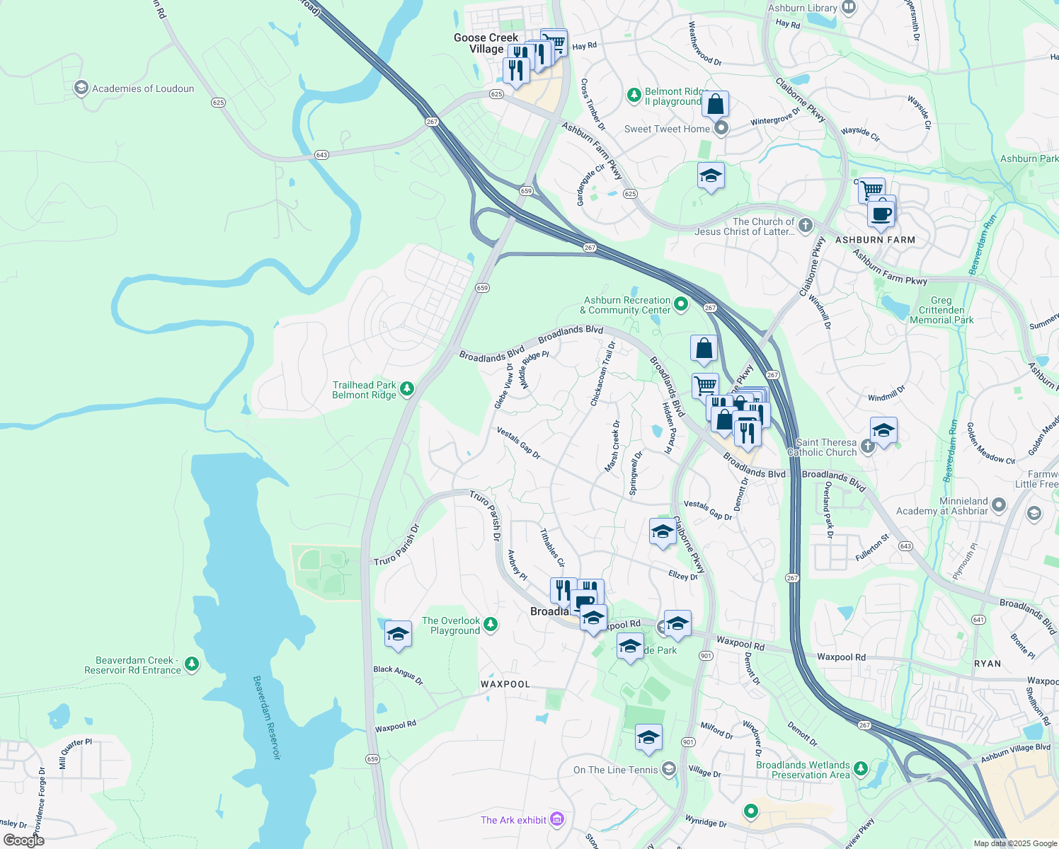 map of restaurants, bars, coffee shops, grocery stores, and more near 21331 Meadow Field Court in Ashburn