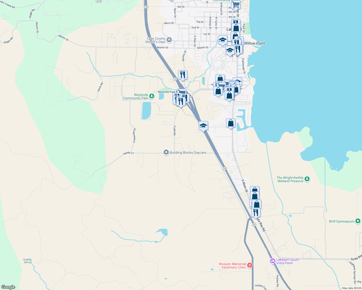 map of restaurants, bars, coffee shops, grocery stores, and more near 901 Todd Ct in Lakeport
