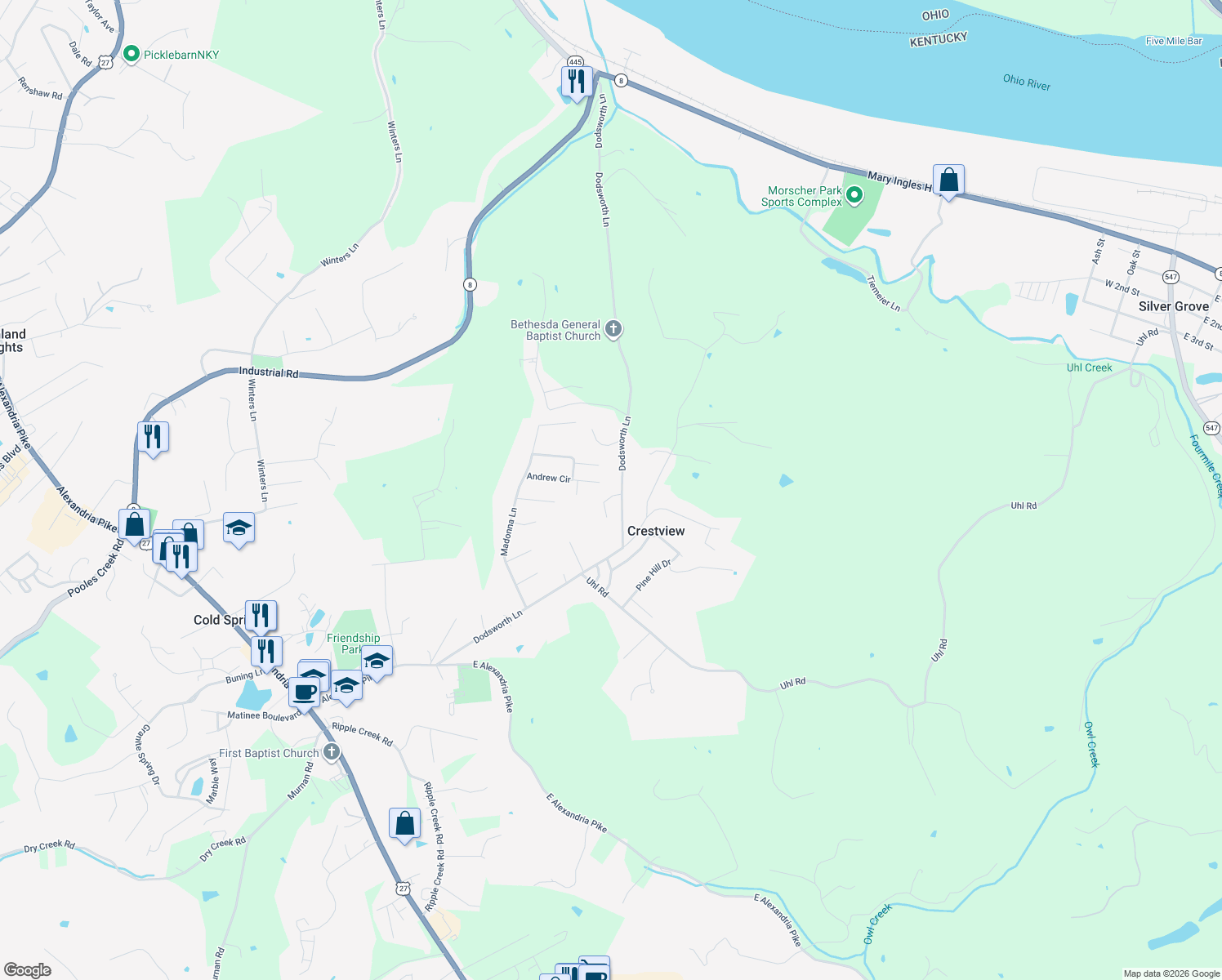 map of restaurants, bars, coffee shops, grocery stores, and more near 5292 Dodsworth Lane in Cold Spring