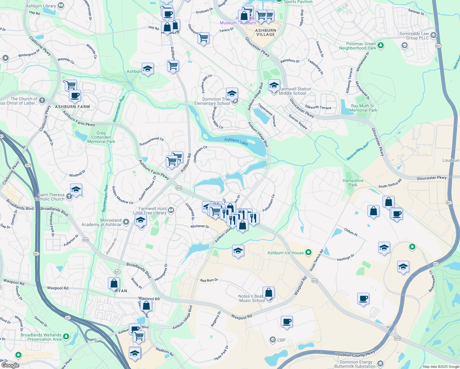 map of restaurants, bars, coffee shops, grocery stores, and more near 43987 Kings Arms Square in Ashburn