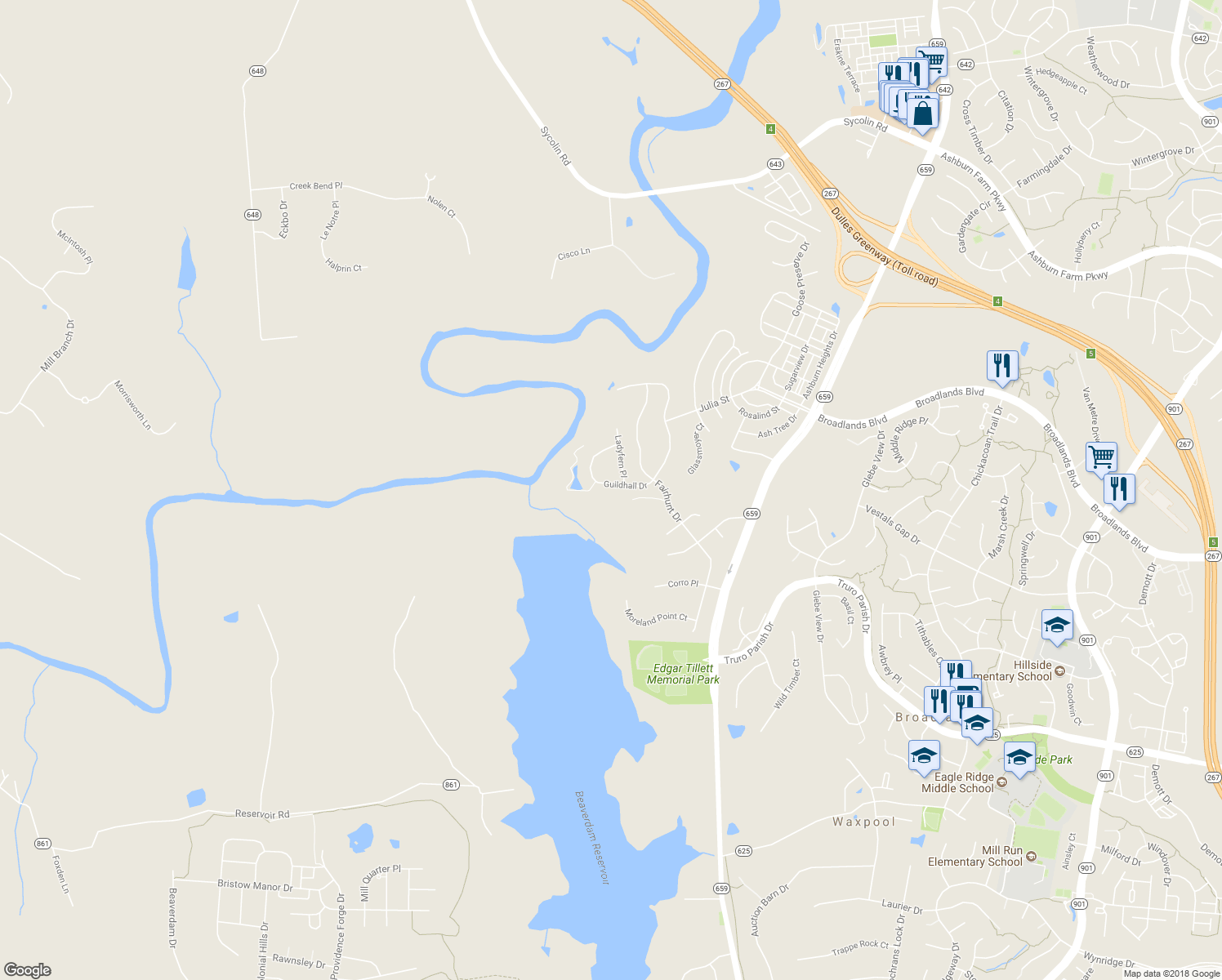 map of restaurants, bars, coffee shops, grocery stores, and more near 42353 Guildhall Drive in Ashburn