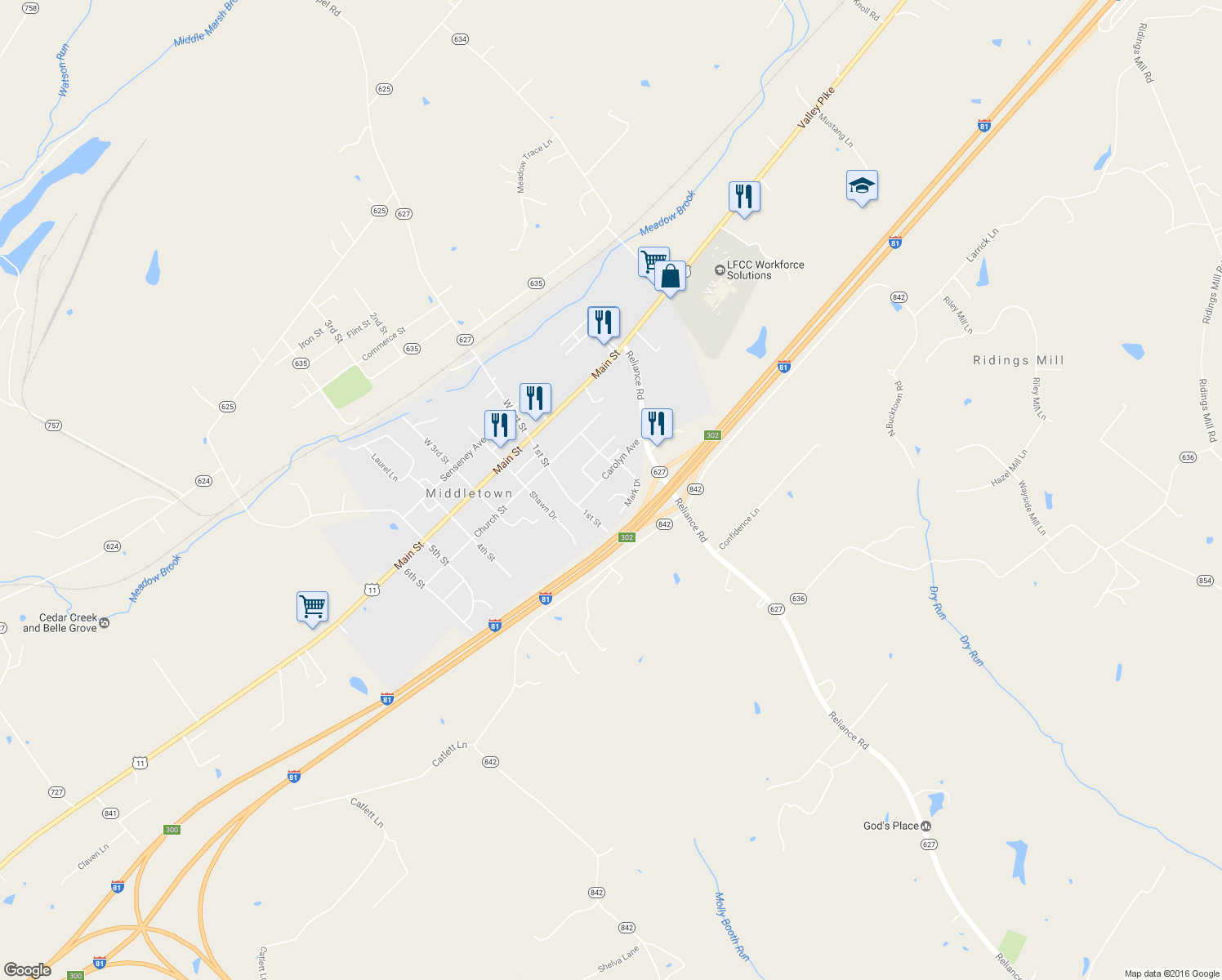 map of restaurants, bars, coffee shops, grocery stores, and more near 2085 Arlene Court in Middletown