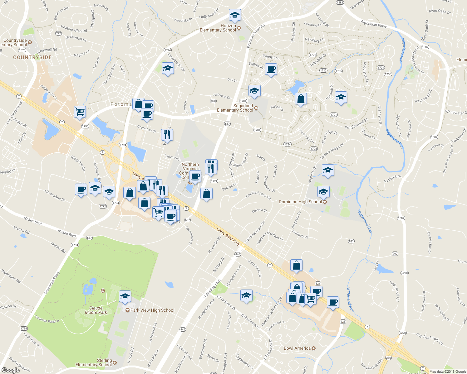 map of restaurants, bars, coffee shops, grocery stores, and more near 205 Beacon Drive in Sterling