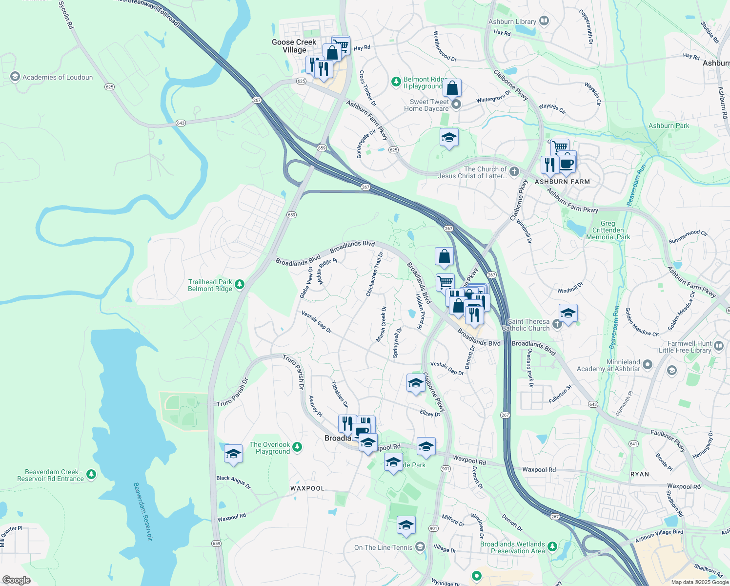 map of restaurants, bars, coffee shops, grocery stores, and more near 21381 Chickacoan Trail Drive in Broadlands