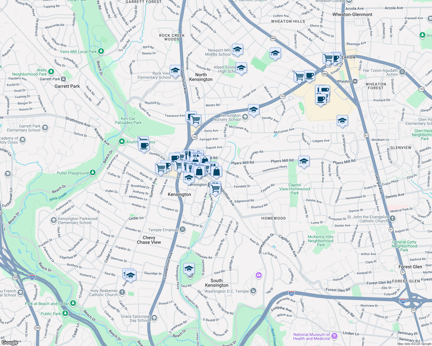 map of restaurants, bars, coffee shops, grocery stores, and more near 10520 Wheatley Street in Kensington