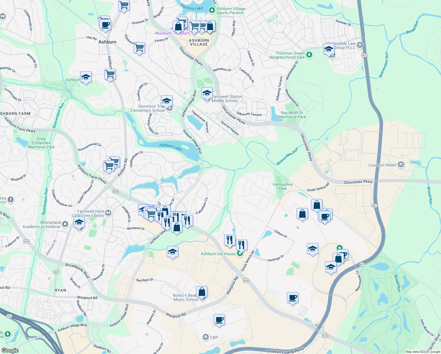 map of restaurants, bars, coffee shops, grocery stores, and more near 44211 Palladian Court in Ashburn