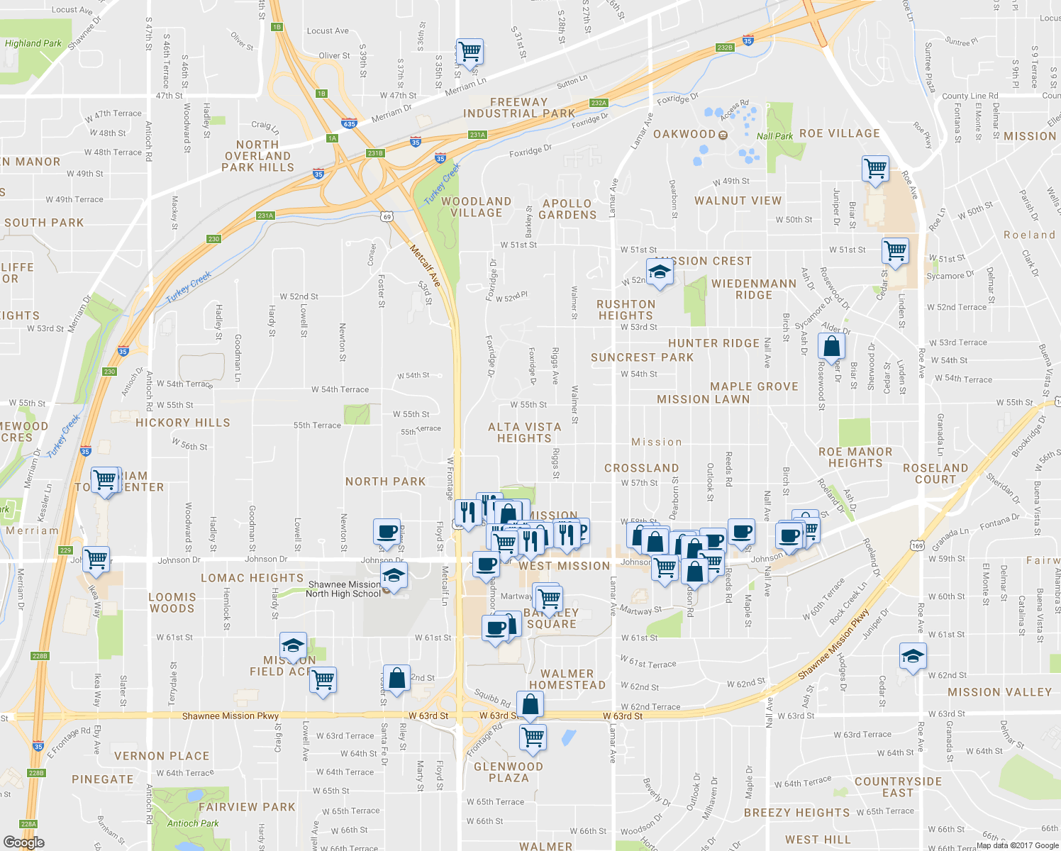 map of restaurants, bars, coffee shops, grocery stores, and more near 5524 Glenwood Street in Mission