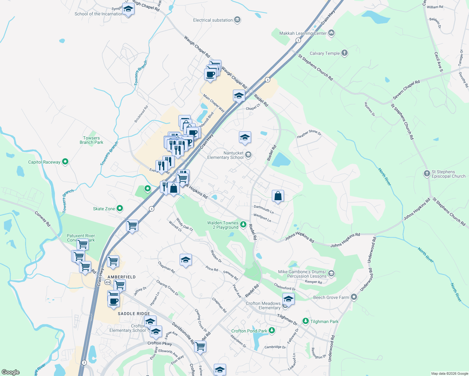 map of restaurants, bars, coffee shops, grocery stores, and more near 2476 Vineyard Ln in Crofton