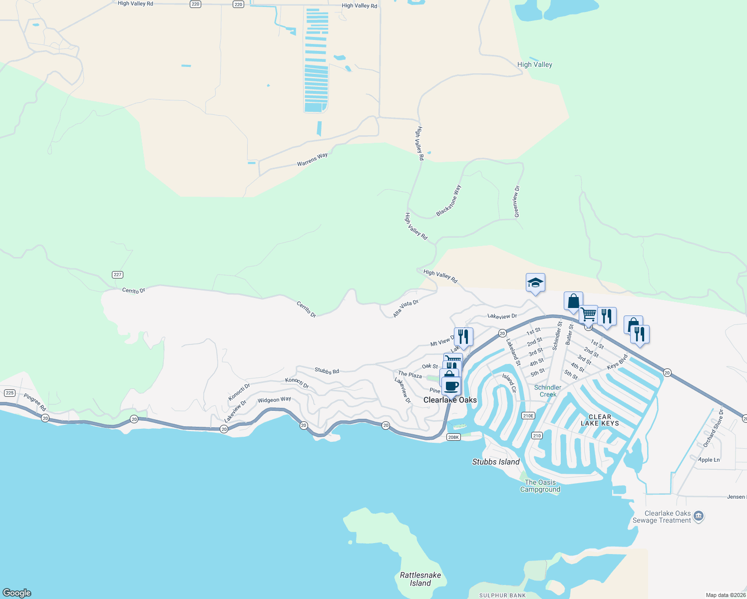 map of restaurants, bars, coffee shops, grocery stores, and more near 12230 Cerrito Drive in Clearlake Oaks