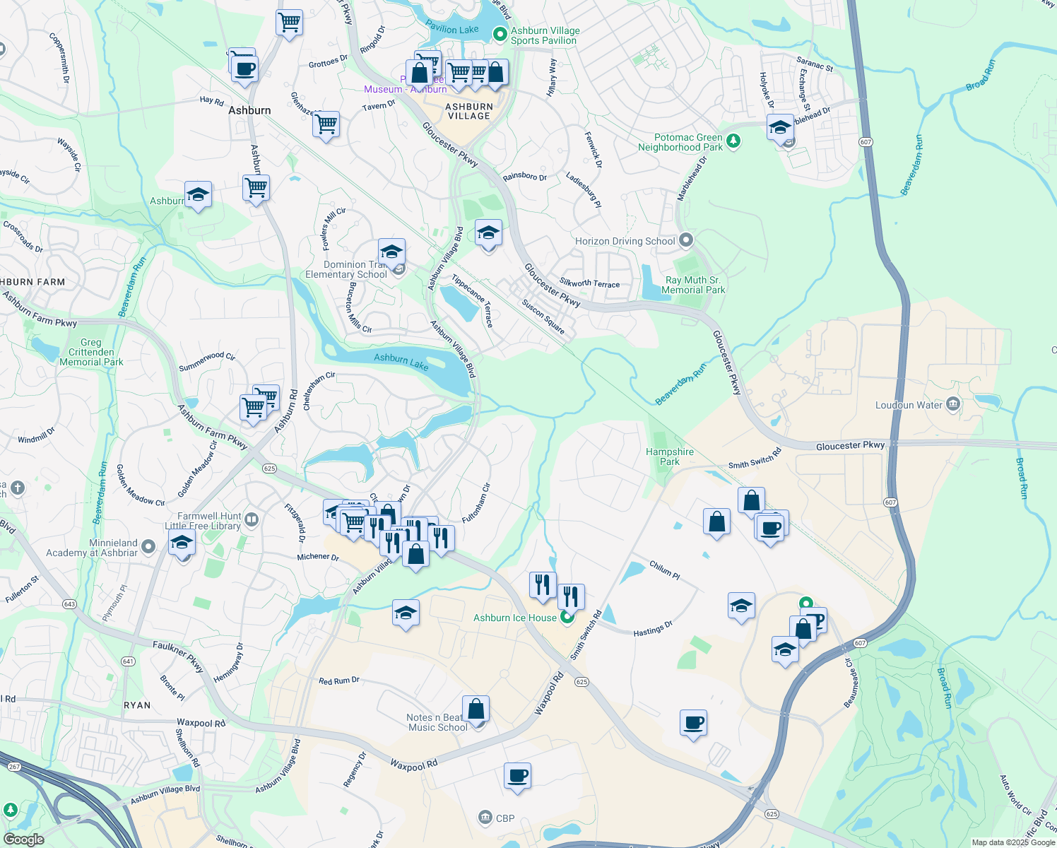 map of restaurants, bars, coffee shops, grocery stores, and more near 44223 Palladian Ct in Ashburn