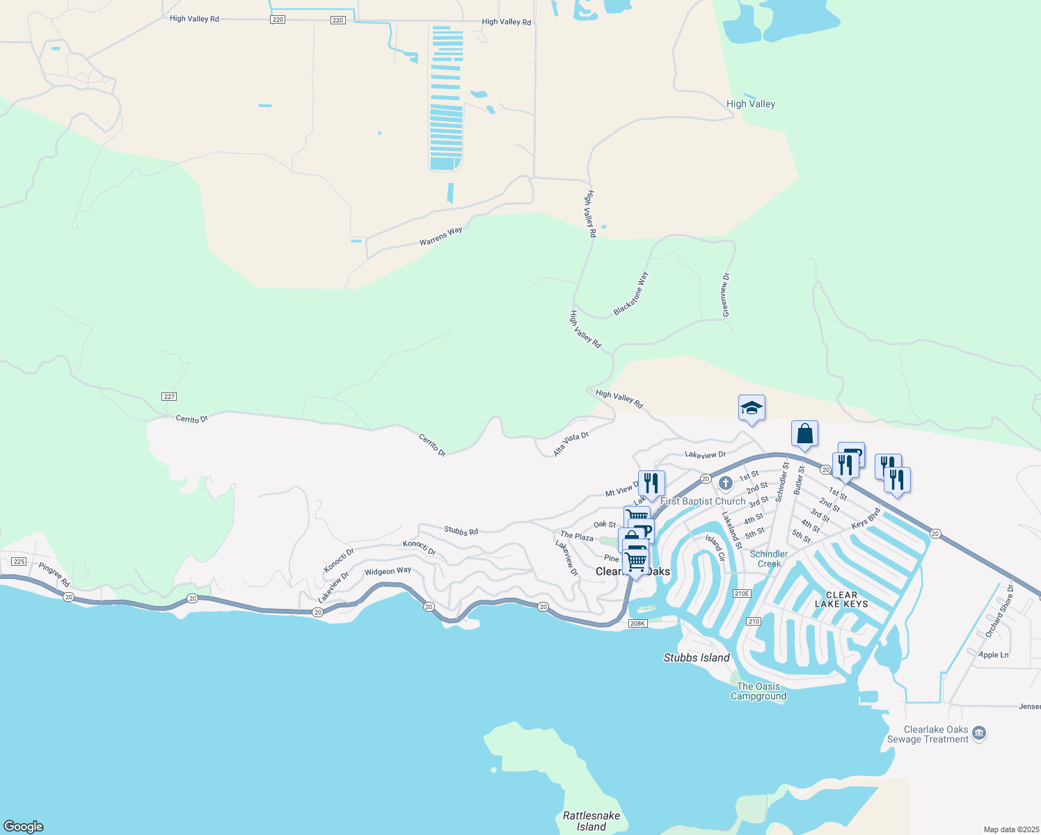map of restaurants, bars, coffee shops, grocery stores, and more near 12220 Cerrito Drive in Clearlake Oaks