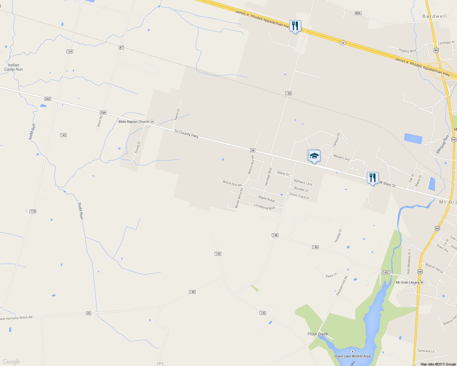 map of restaurants, bars, coffee shops, grocery stores, and more near 138 Willow Run Rd in Mount Orab