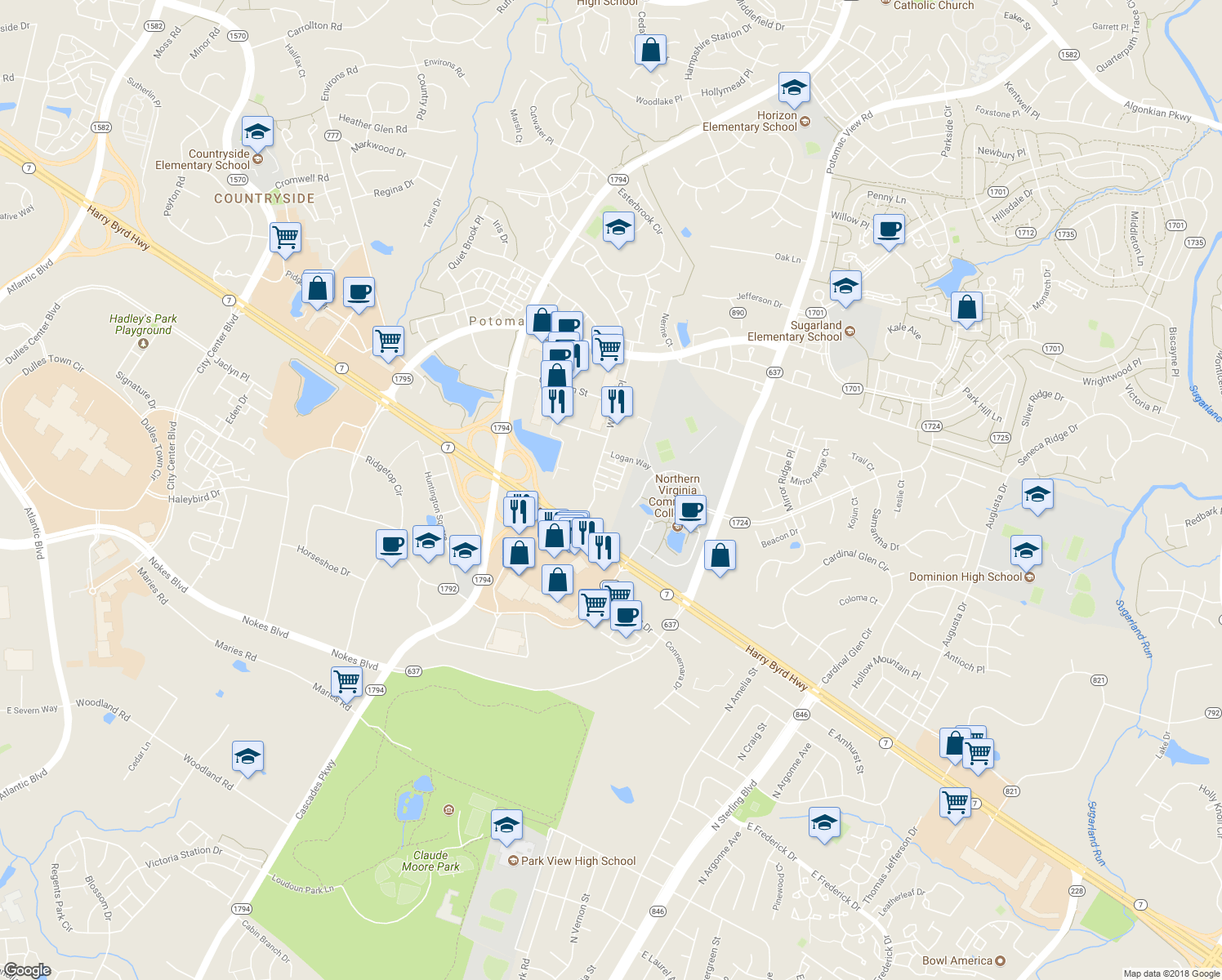 map of restaurants, bars, coffee shops, grocery stores, and more near 46383 Pryor Square in Potomac Falls