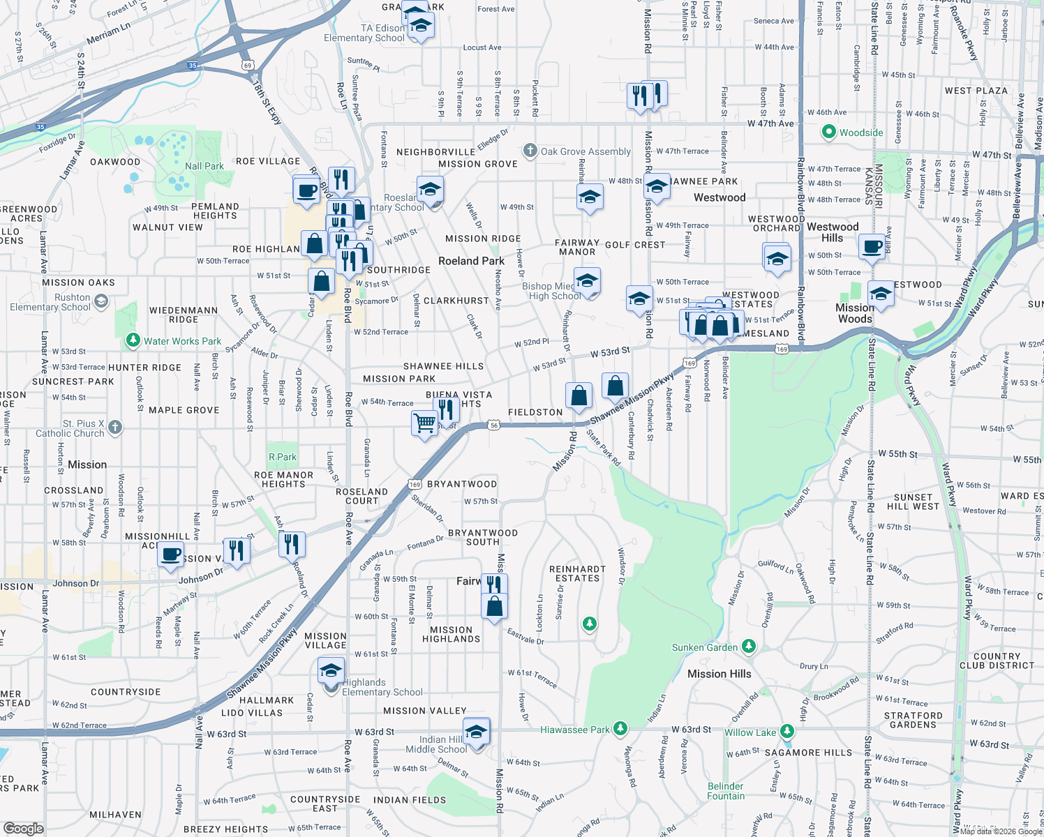 map of restaurants, bars, coffee shops, grocery stores, and more near 3712 Shawnee Mission Parkway in Fairway