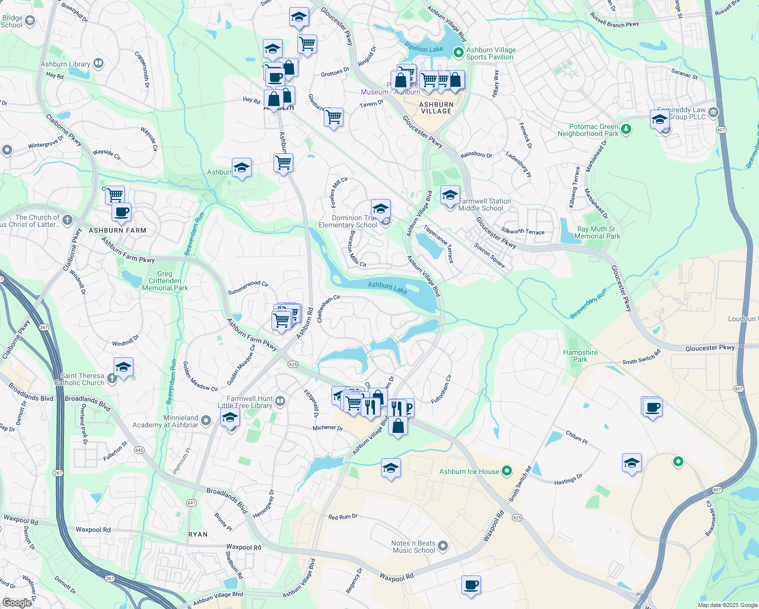 map of restaurants, bars, coffee shops, grocery stores, and more near 44042 Cheltenham Circle in Ashburn