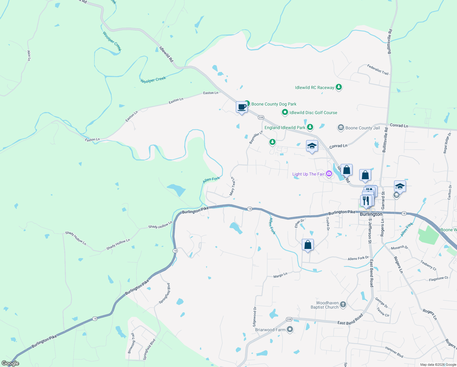 map of restaurants, bars, coffee shops, grocery stores, and more near 6130 Wayside Springs Court in Burlington
