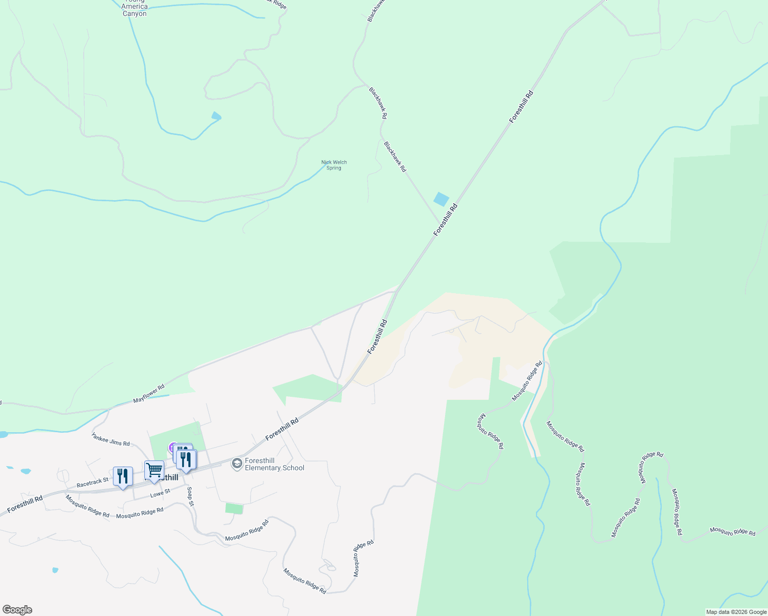 map of restaurants, bars, coffee shops, grocery stores, and more near 25681 Foresthill Road in Foresthill