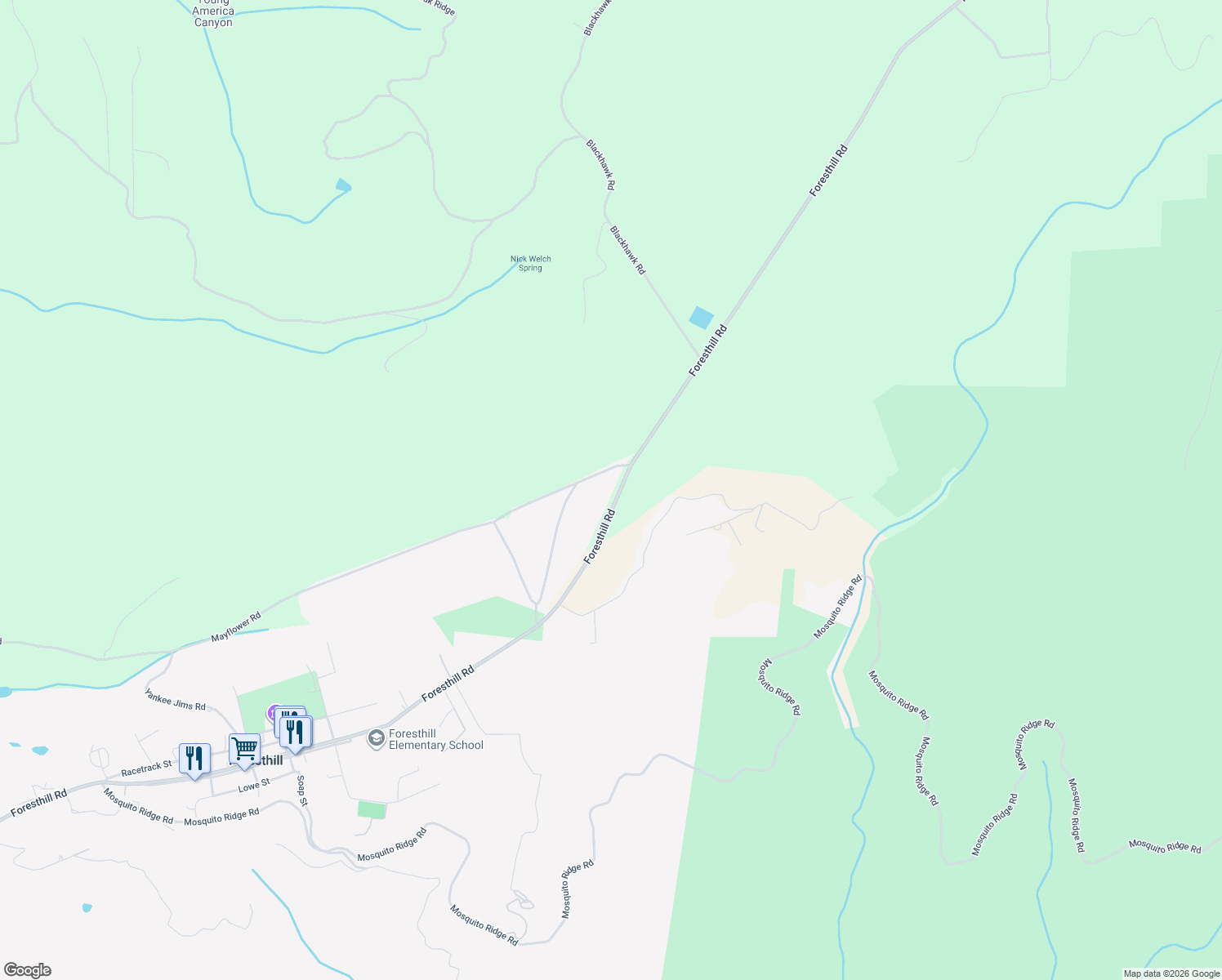 map of restaurants, bars, coffee shops, grocery stores, and more near 25681 Foresthill Road in Foresthill