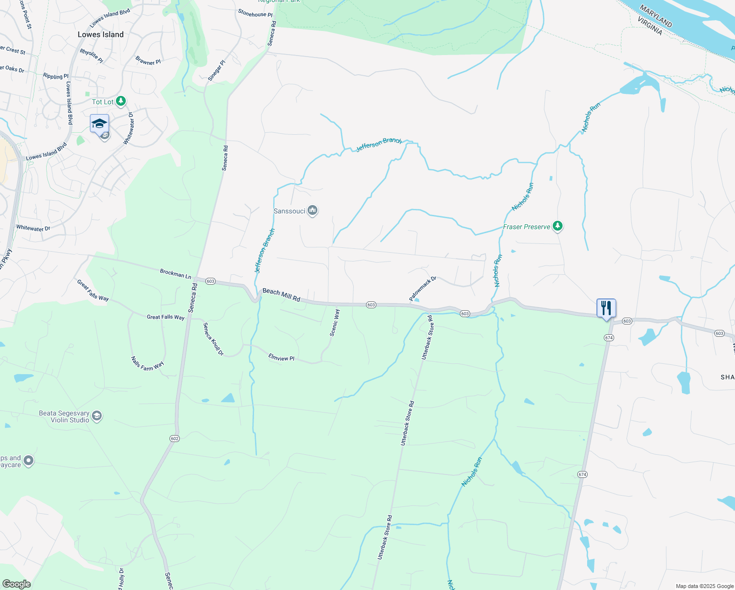 map of restaurants, bars, coffee shops, grocery stores, and more near 11012 Beach Mill Rd in Great Falls