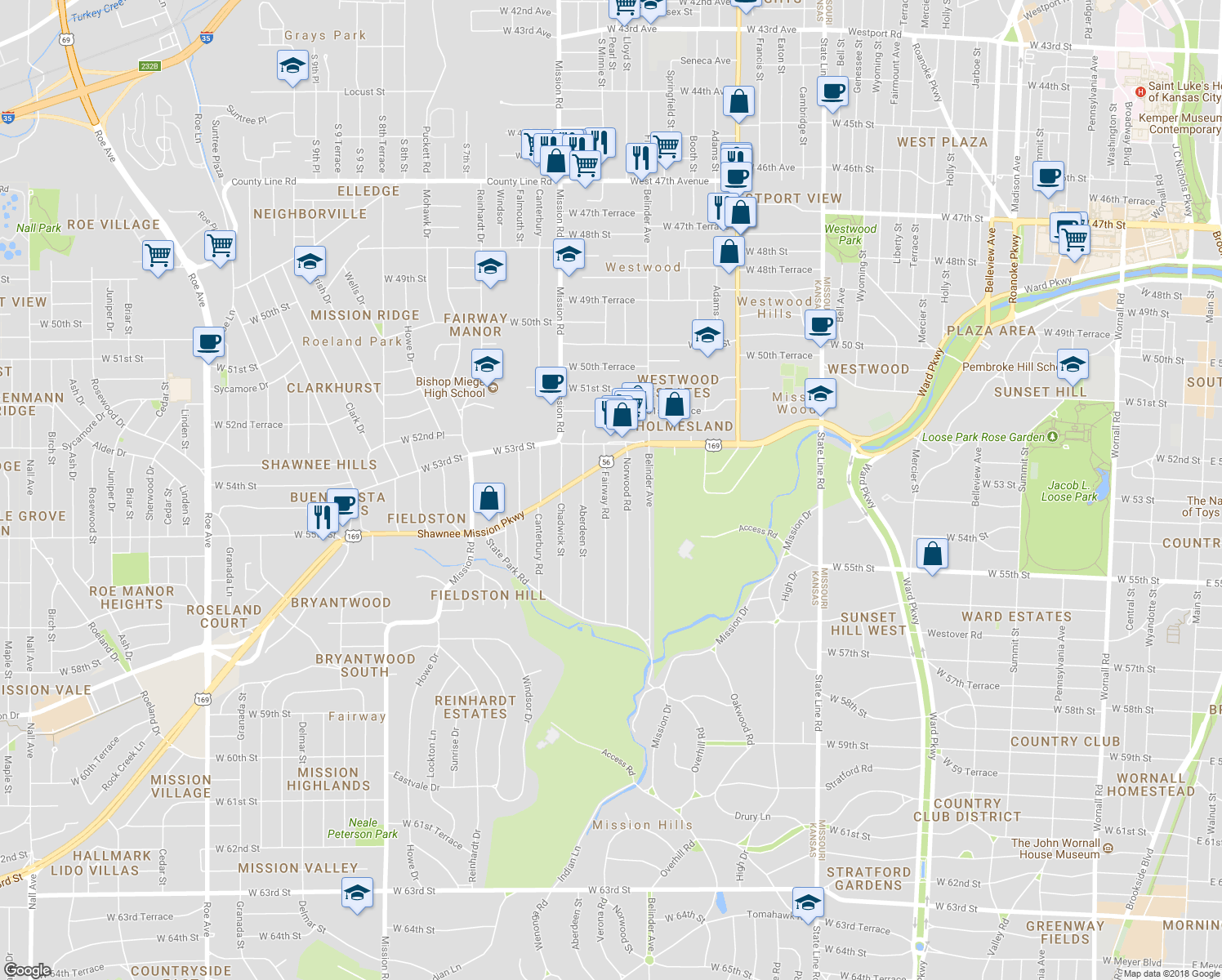 map of restaurants, bars, coffee shops, grocery stores, and more near 5401 Fairway Road in Fairway