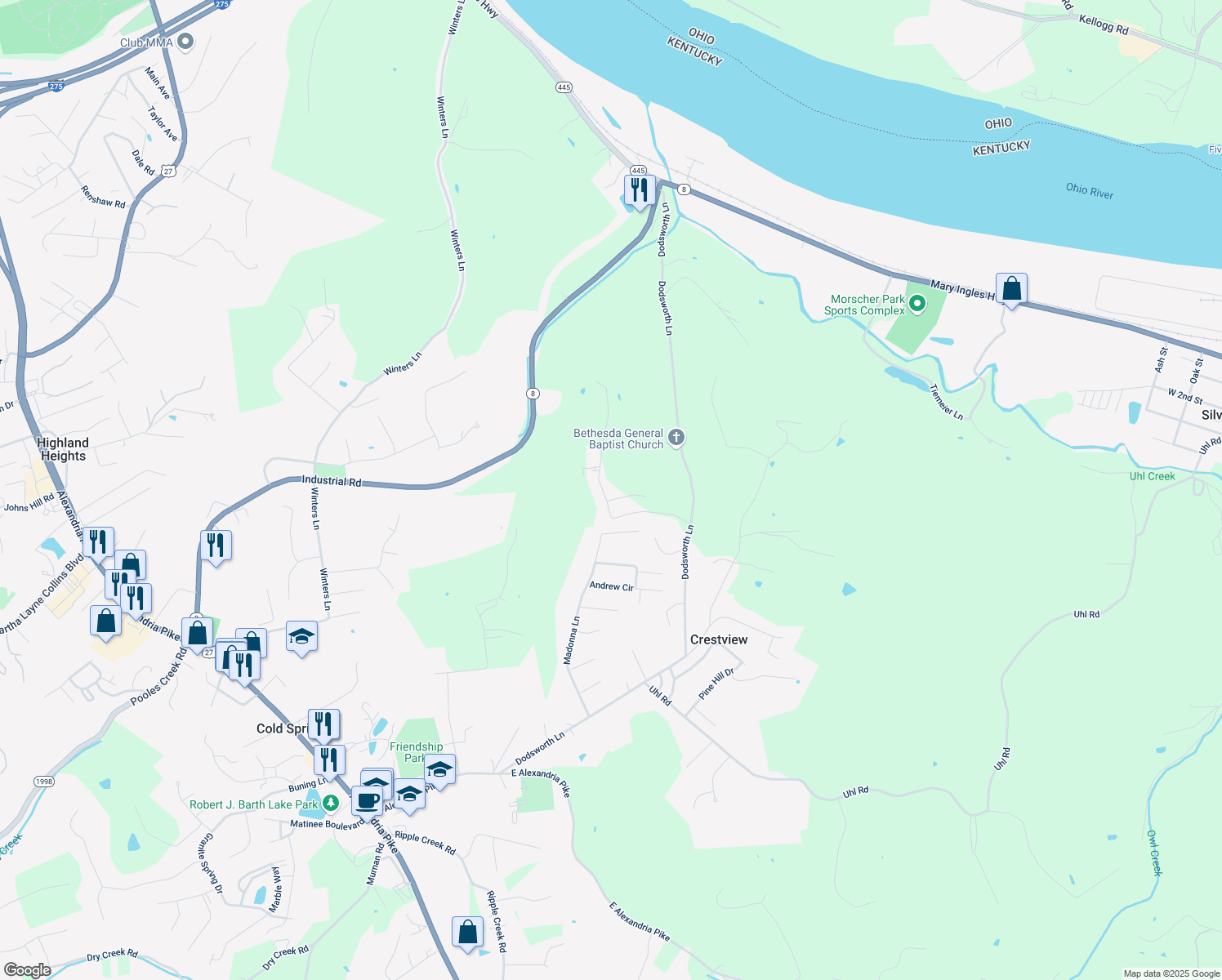 map of restaurants, bars, coffee shops, grocery stores, and more near 5067 Gary Ln in Highland Heights