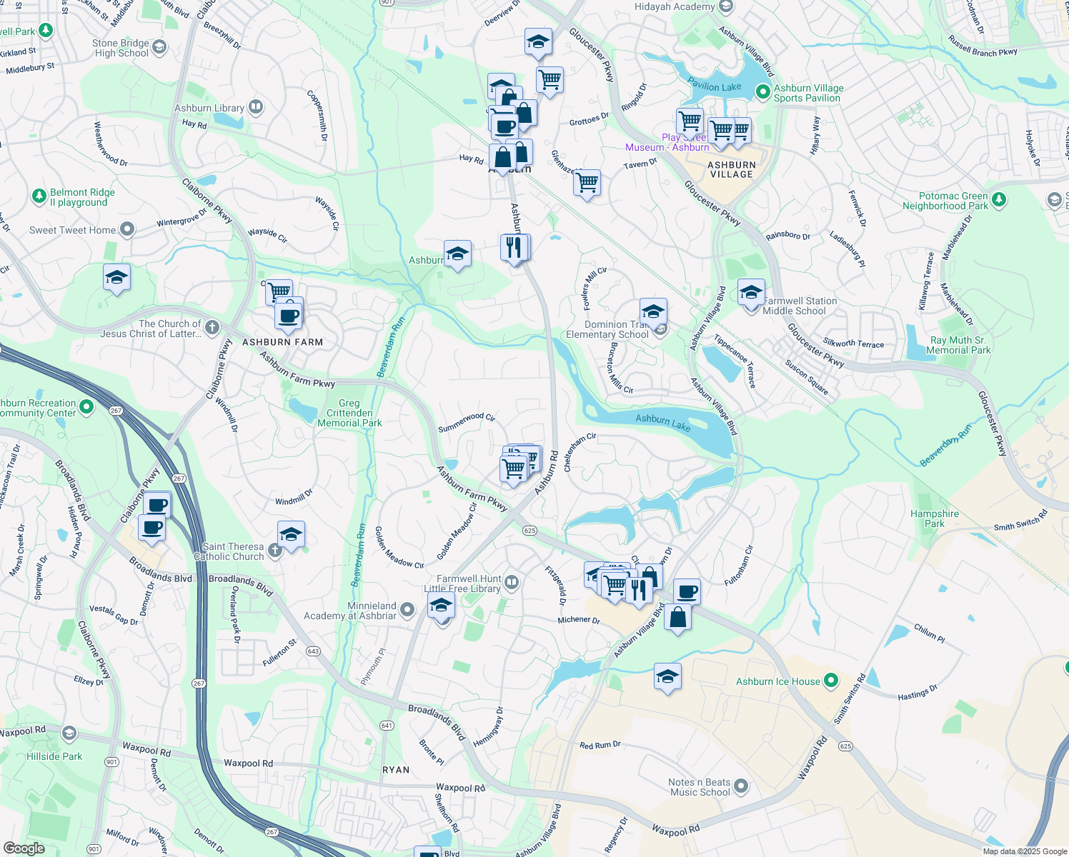 map of restaurants, bars, coffee shops, grocery stores, and more near 21118 Crocus Terrace in Ashburn