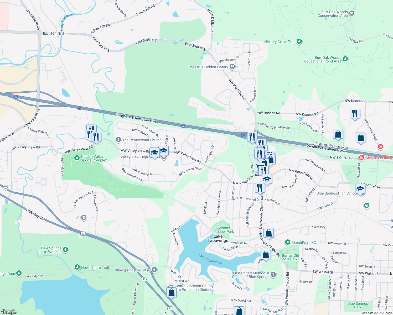 map of restaurants, bars, coffee shops, grocery stores, and more near 4405 NW Valley View Rd in Blue Springs