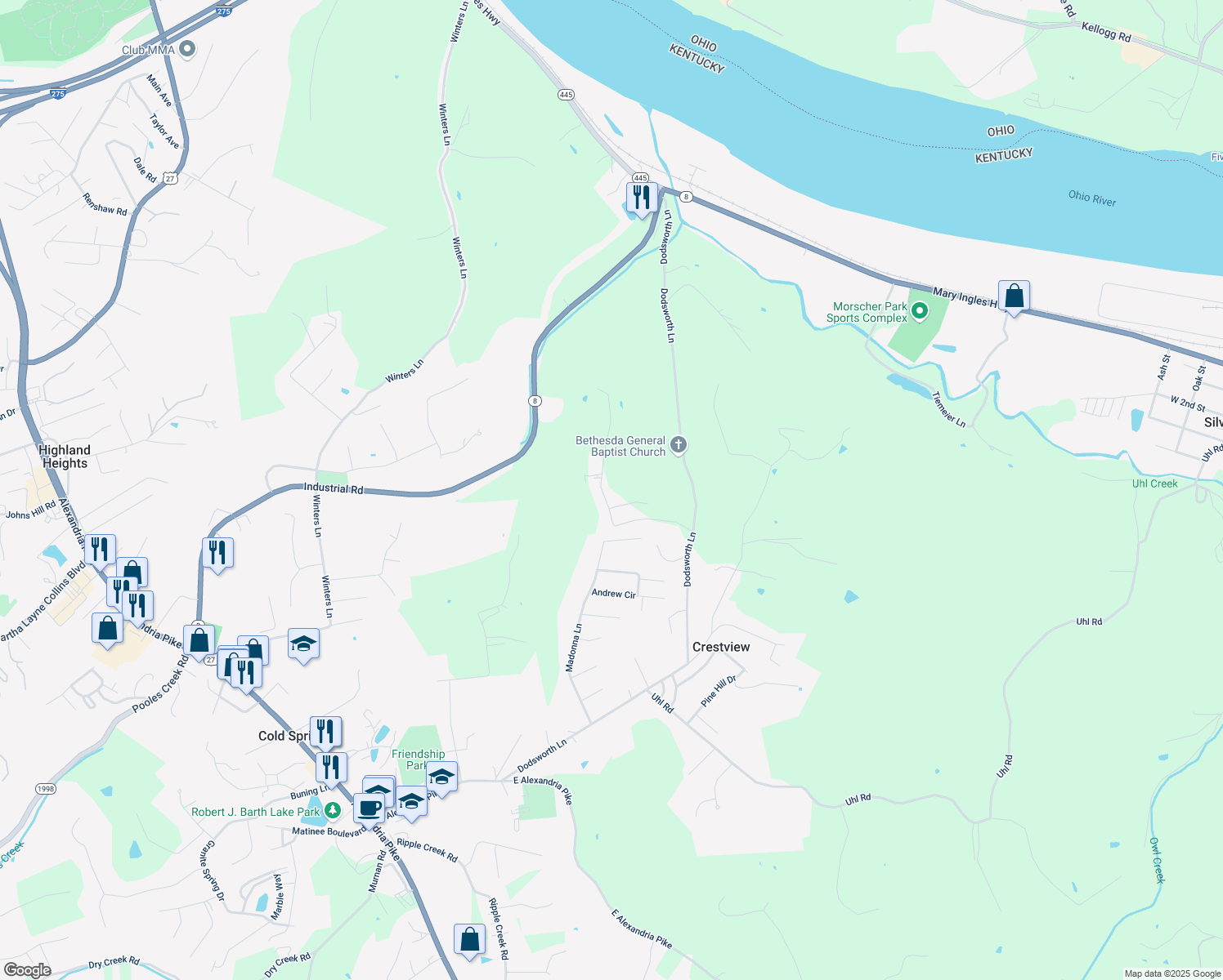 map of restaurants, bars, coffee shops, grocery stores, and more near 5067 Gary Lane in Highland Heights
