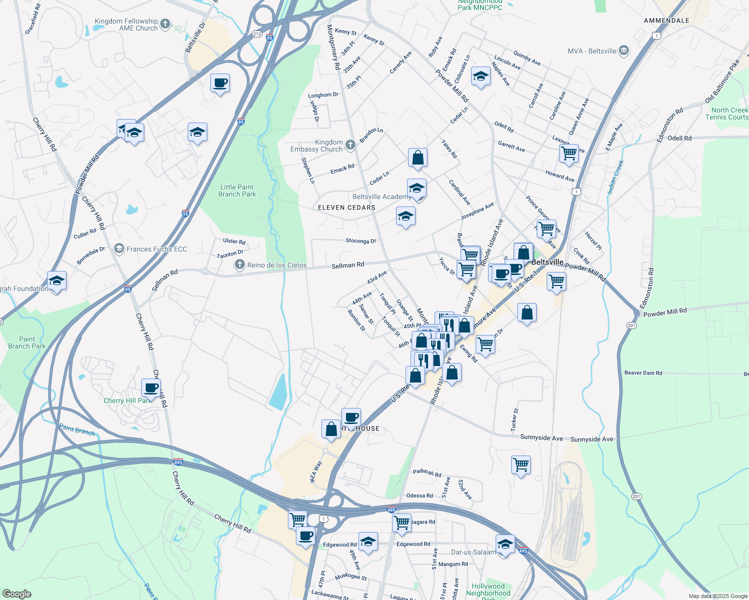 map of restaurants, bars, coffee shops, grocery stores, and more near 4406 Tonquil Street in Beltsville
