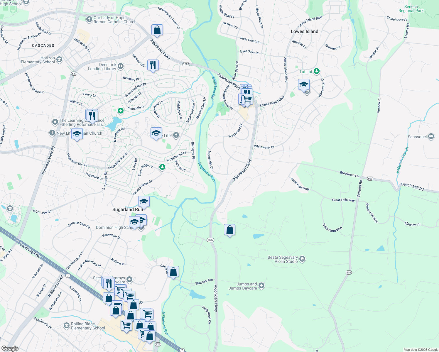 map of restaurants, bars, coffee shops, grocery stores, and more near 10844 Monticello Drive in Great Falls