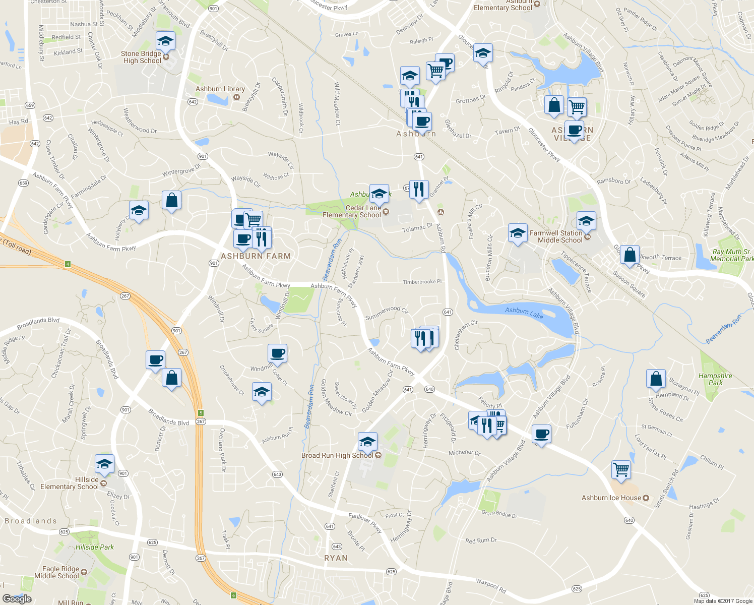 map of restaurants, bars, coffee shops, grocery stores, and more near 21115 Deep Furrow Court in Ashburn