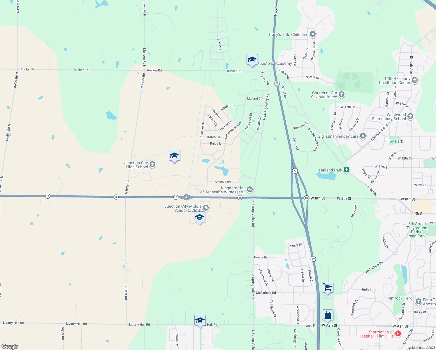 map of restaurants, bars, coffee shops, grocery stores, and more near 1716 sutter Woods court in Junction City