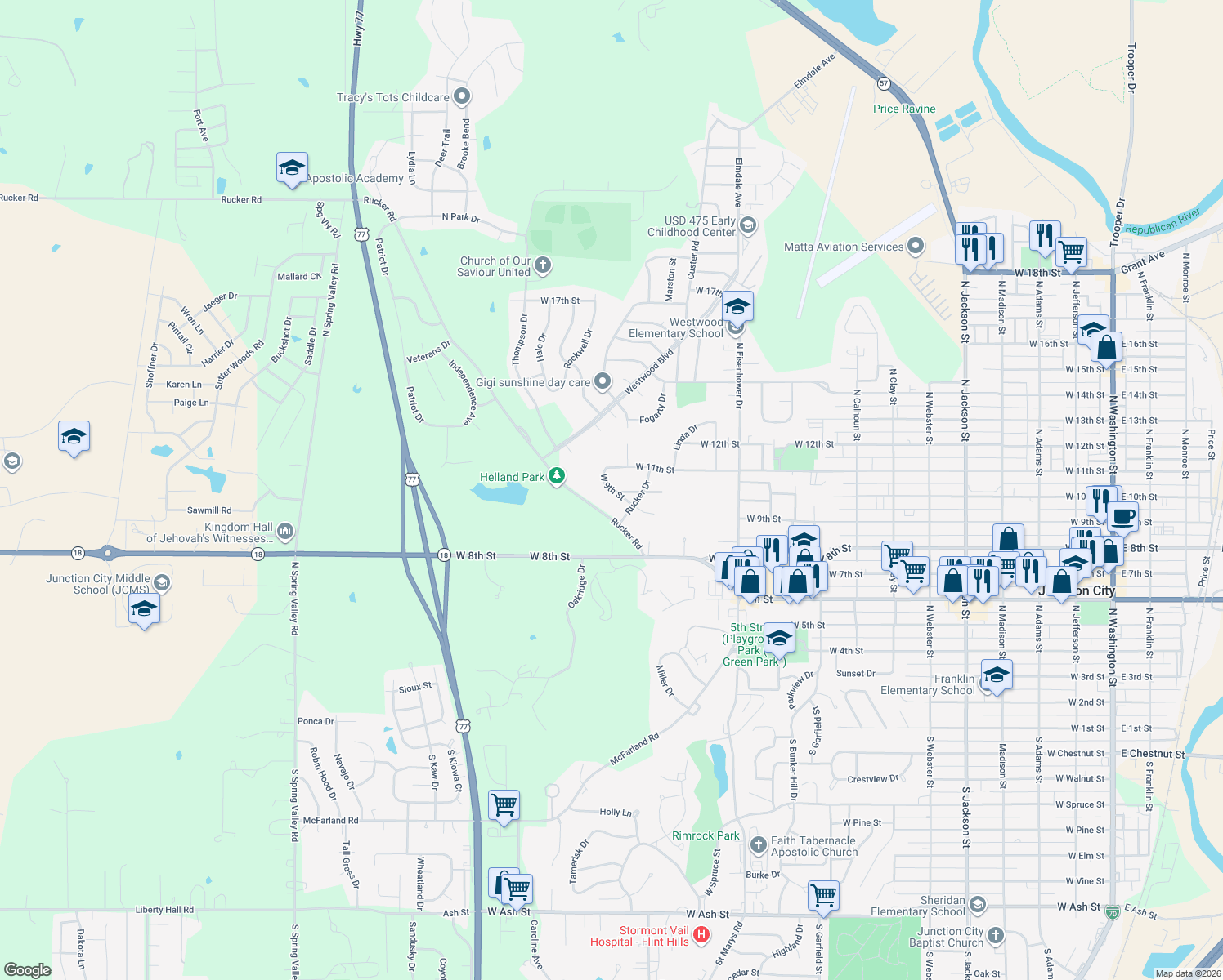 map of restaurants, bars, coffee shops, grocery stores, and more near 1448 West 11th Street in Junction City