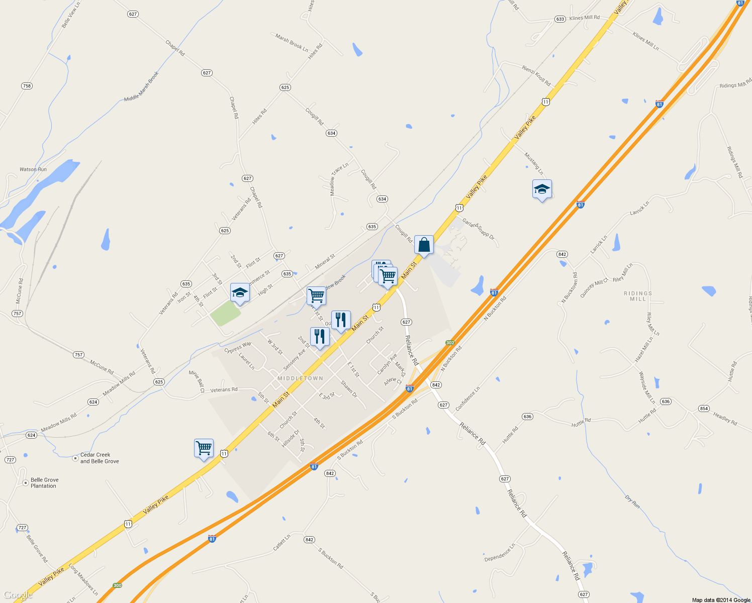 map of restaurants, bars, coffee shops, grocery stores, and more near 7689 Main Street in Middletown