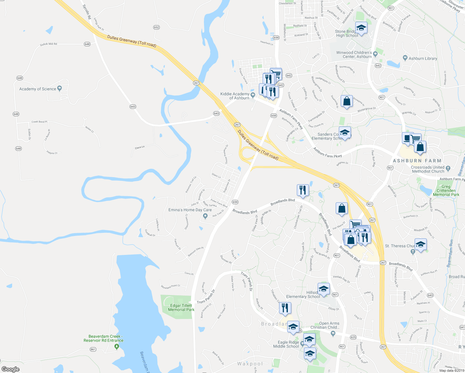 map of restaurants, bars, coffee shops, grocery stores, and more near 20903 Ashburn Heights Drive in Ashburn