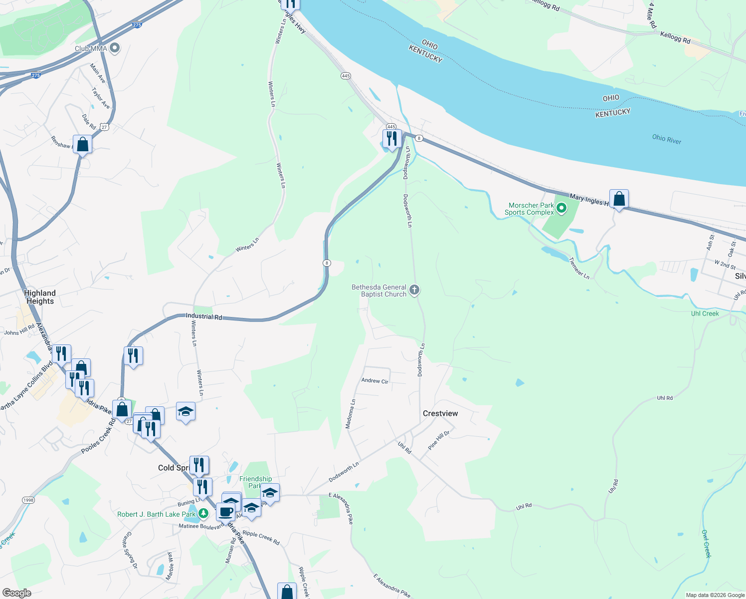 map of restaurants, bars, coffee shops, grocery stores, and more near 5021 Gary Lane in Highland Heights