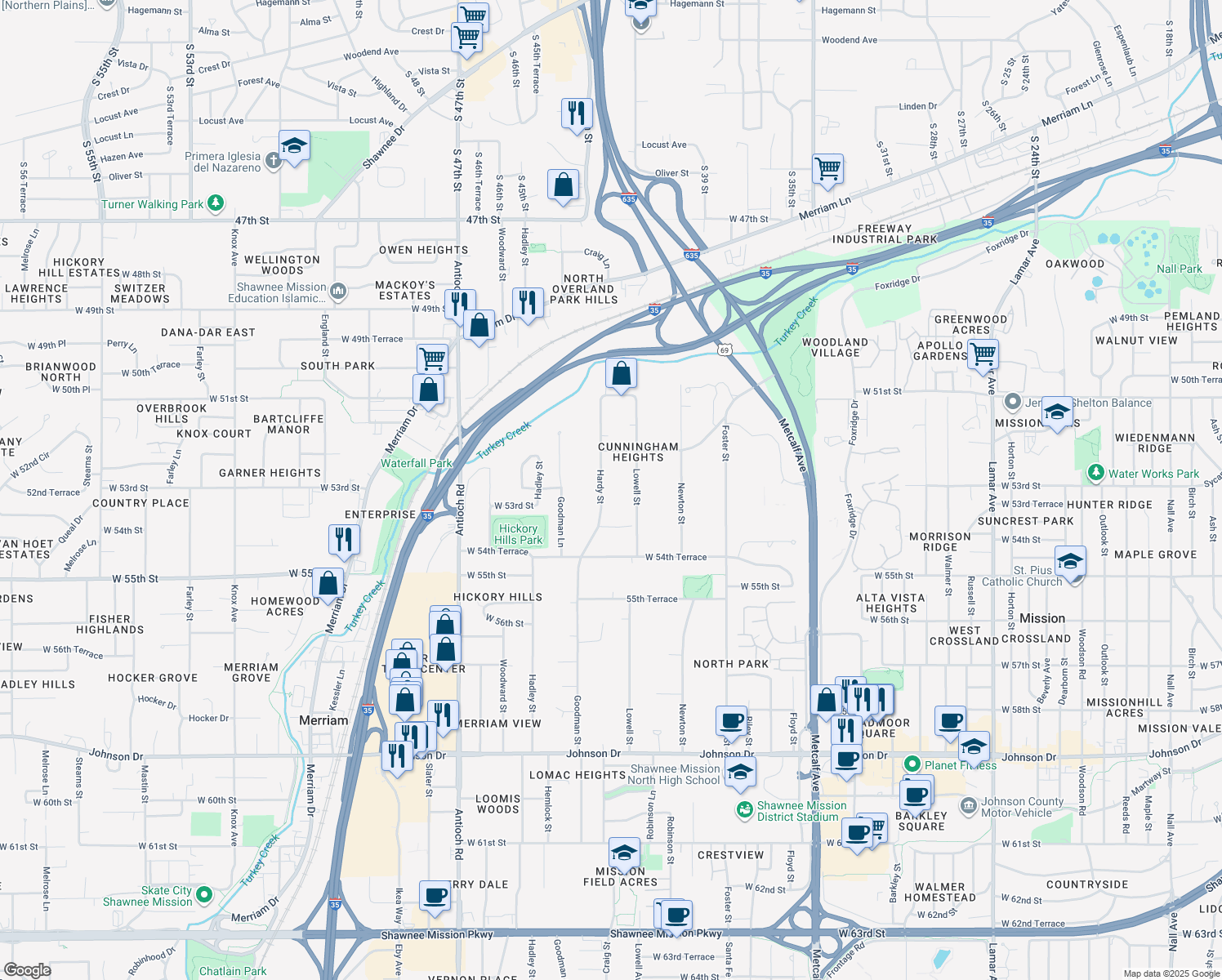 map of restaurants, bars, coffee shops, grocery stores, and more near 5237 Hardy Street in Mission